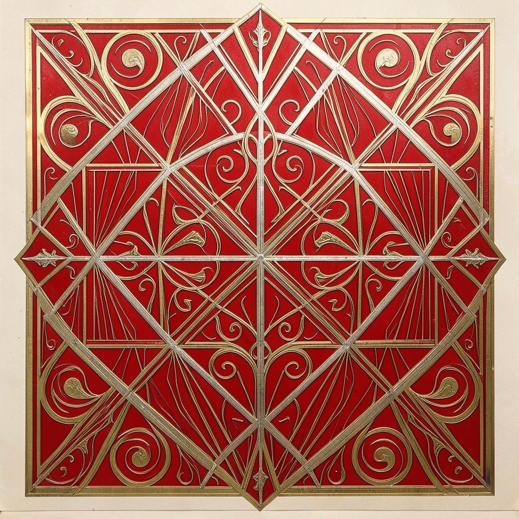 Tall art-deco column motif with vertical fluting, rendered in crimson highlights on dark charcoal.