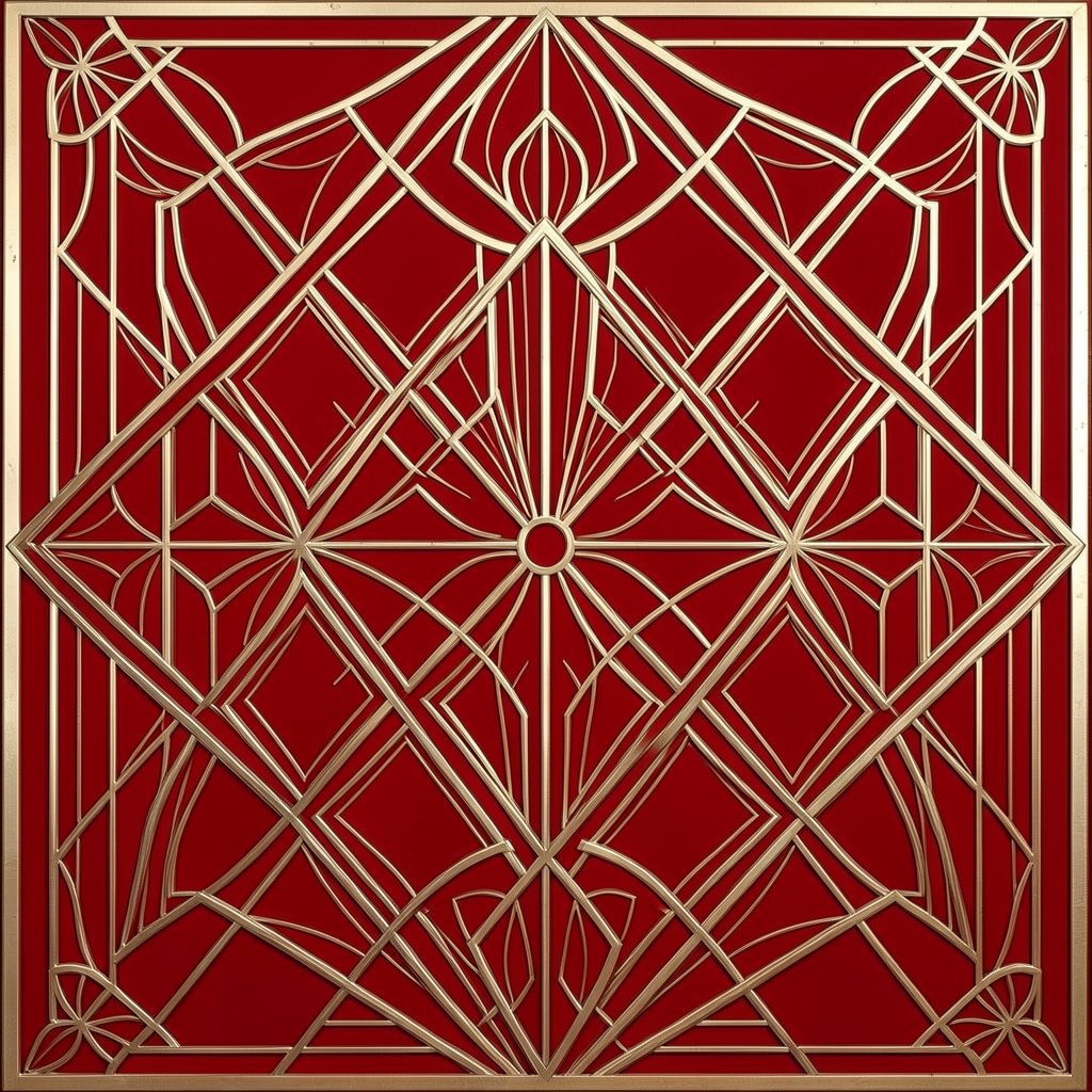 Atmospheric art-deco geometric composition with symmetrical motifs in deep crimson and charcoal, conveying a vintage pharmaceutical mood.
