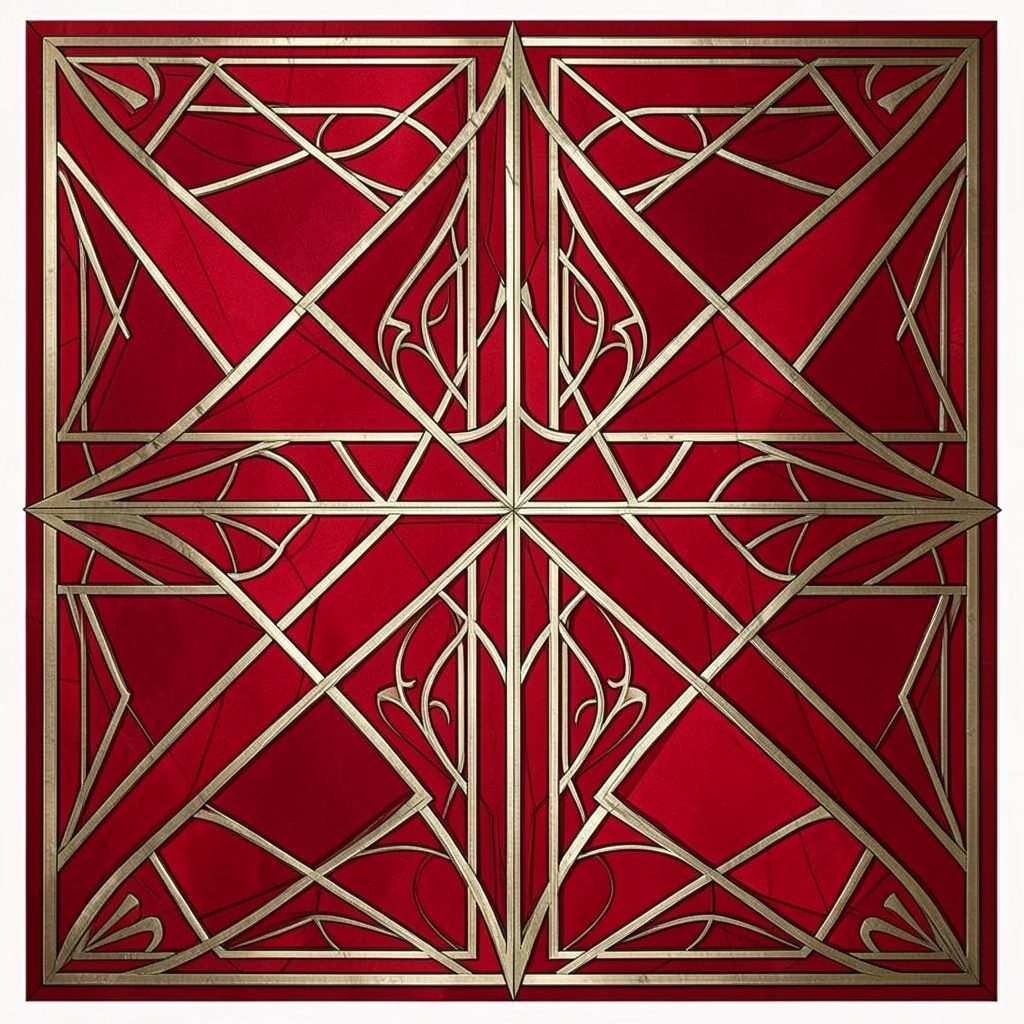 Art-deco stepped diamond pattern in oxblood, cream, and warm grey with balanced symmetry.