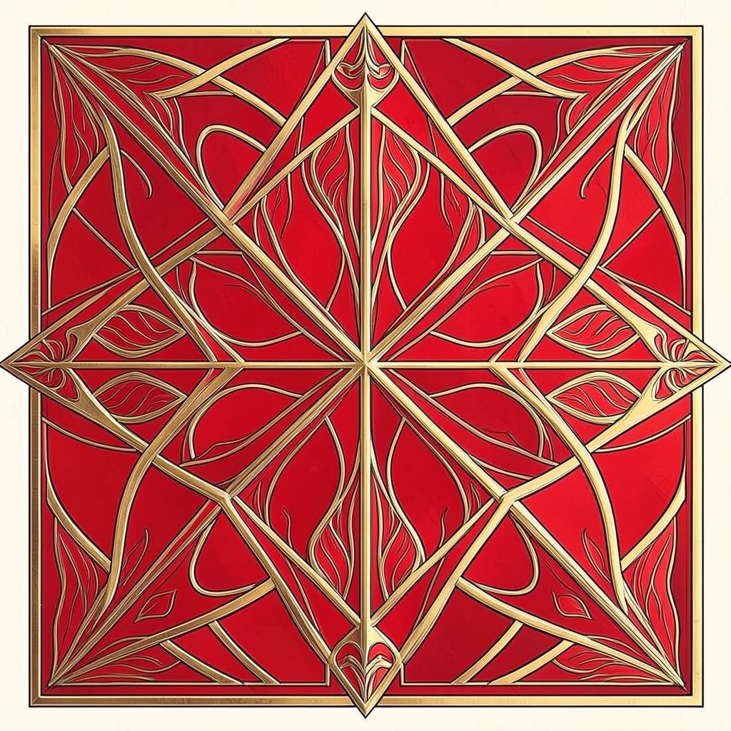 Geometric art-deco sunburst in deep maroon and sand, framed by clean linear borders.